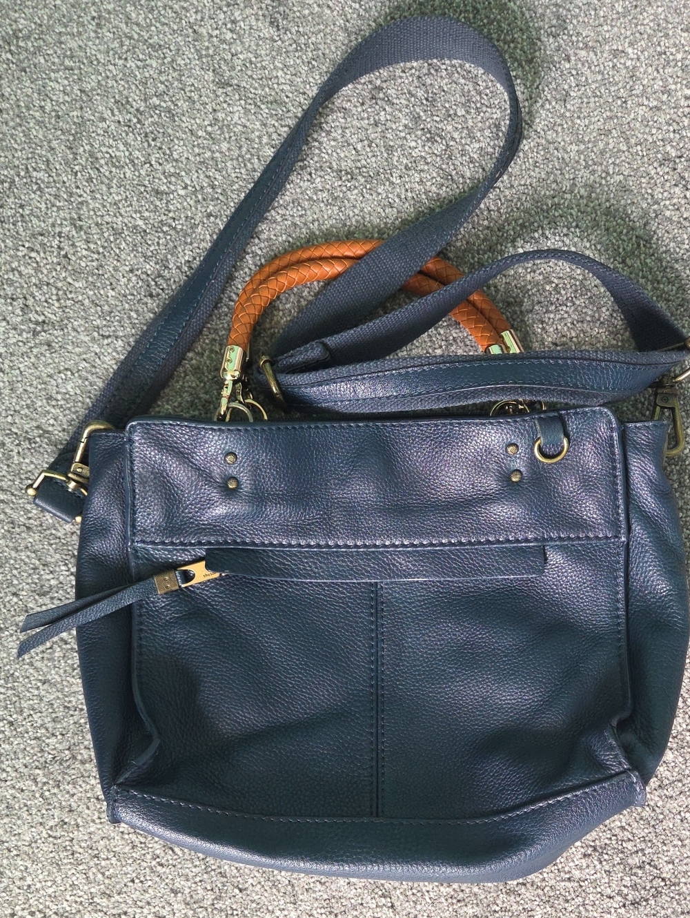 The Sak Navy Leather Crossbody Bag with Braided Tan Handles